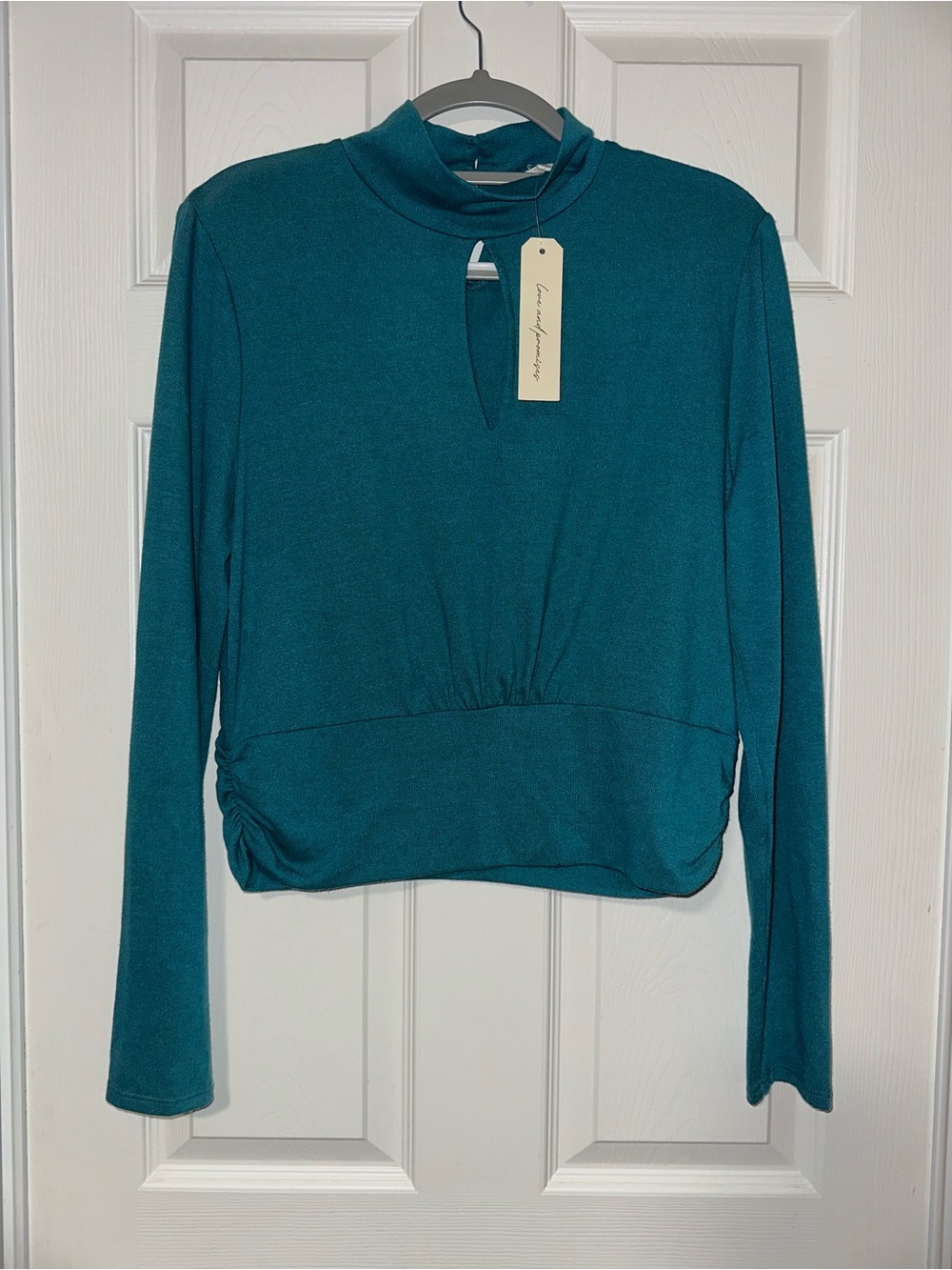 Teal Long-Sleeve Mock Neck Top with Front Keyhole
